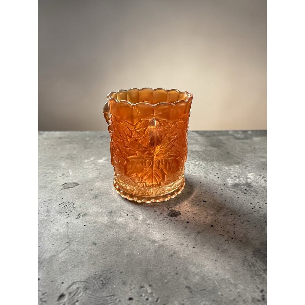 Vintage Mosser Marigold Carnival Glass "Maple Leaf" Sugar Bowl